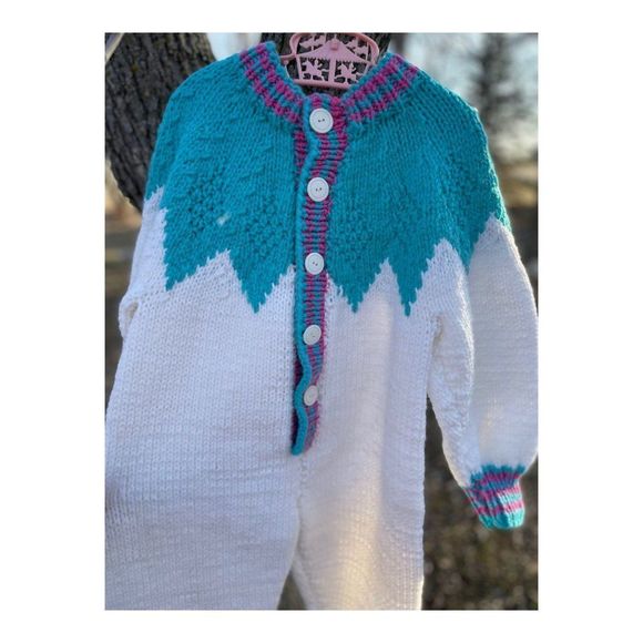 Vintage 80s Hand Knit Romper Sleeper White Purple Turquoise - Picture 7 of 9